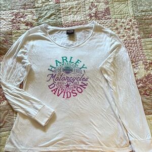 Harley-Davidson White Tee with Green and Purple Logo on bright white shirt